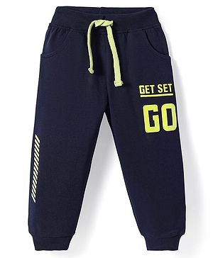 Babyhug Terry Knit Full Length Lounge Pants With Get Set Go Text Print - Navy Blue