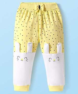 Babyhug Terry Knit  Full Length Lounge Pants With Polka Dots & Bunny Applique - Yellow & White