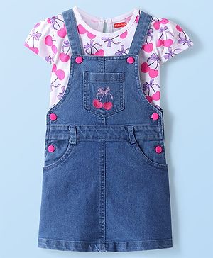 Babyhug Cotton Woven Cherry Printed & Embroidered Pinafore with Cap Sleeves Inner Tee - Blue