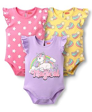 Babyhug 100% Cotton Knit Frill Sleeves Onesies with Star & Unicorn Print Pack of 3 - Yellow Lilac & Pink