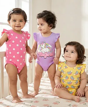 Babyhug 100% Cotton Knit Frill
                              Sleeves Onesies with Star & Unicorn
                              Print Pack of 3 - Yellow Lilac & Pink