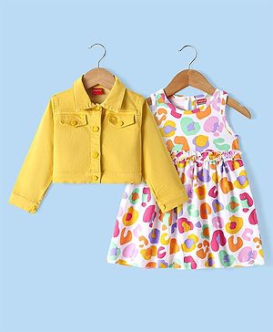 Babyhug Cotton Knit Sleeveless Frock with Jacket & Abstract Print - Yellow & White