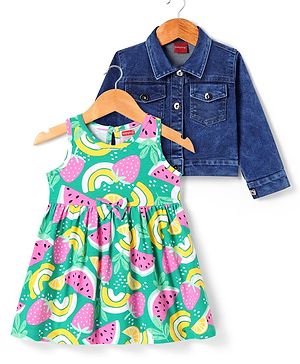 Babyhug Cotton Knit Frock & Full Sleeves Shrug With Watermelon Print - Green & Blue