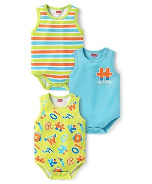 Babyhug 100% Cotton Knit Sleeveless Onesies with Alphabet Print & Stripes Pack of 3 - Light Green & Blue