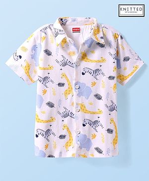Babyhug Cotton Knit Half Sleeves Shirt With Animal Print - White