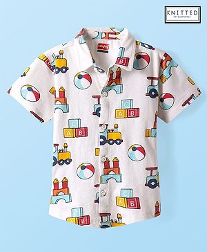 Babyhug Cotton Knit Half Sleeves Shirt With Toys Print - White