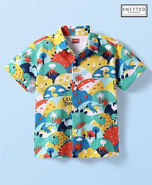 Babyhug Cotton Knit Half Sleeves Shirt with Dino Print - Green