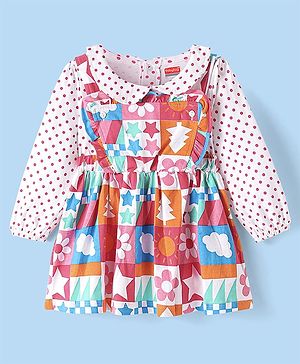 Babyhug Cotton Knit Printed Frock & Full Sleeves Inner Tee With Polka Dot Print & Peter Pan Collar - White
