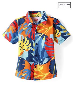 Babyhug Cotton Pique Textured Knit Half Sleeves Shirt With Leaf Print - Blue