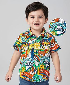 Babyhug Cotton Pique Textured Knit Half Sleeves Shirt with Smiley & Tiger Print - Green