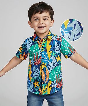 Babyhug Cotton Pique Textured Knit Half Sleeves Shirt With Floral & Leaf Print - Blue