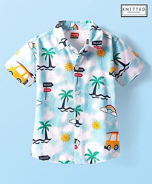 Babyhug Cotton Knit Half Sleeves Shirt With Beach Theme Print - White