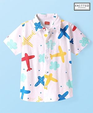 Babyhug Cotton Knit Half Sleeves Shirt With Aeroplane Print - White