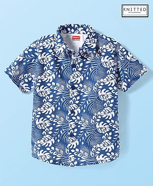 Babyhug Cotton Knit Half Sleeves Shirt With Leaf Print - Navy Blue