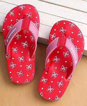 Cute Walk by Babyhug Flip Flops with Bow Print - Light Red