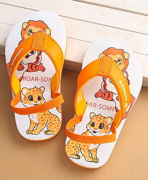 Cute Walk by Babyhug Flip Flops with Animal Print & Back Strap Closure - White
