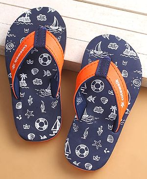 Cute Walk by Babyhug Flip Flops with Beach Theme Print - Navy Blue