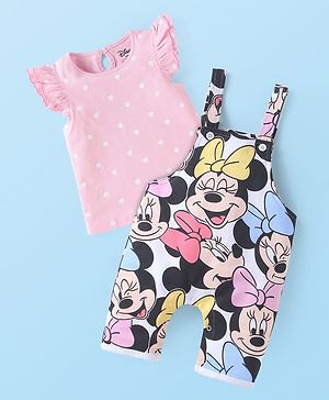 Babyhug Disney Single Jersey Knit Dungaree & Frill Sleeves Polka Dot Printed T-Shirt With Minnie Mouse Graphics - White & Pink