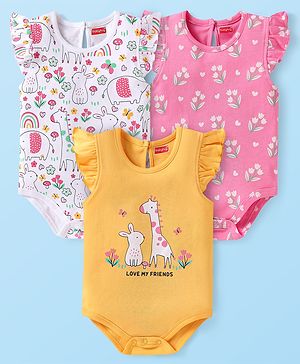 Babyhug 100% Cotton Knit Frill Sleeves Onesies  with Jungle Theme Print Pack of 3 - Yellow White & Pink