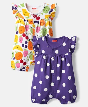 Babyhug 100% Cotton Interlock Knit
                              Half Sleeves Romper with Polka Dot Design
                              & Tropical Print Pack of 2 - Purple
                              & White