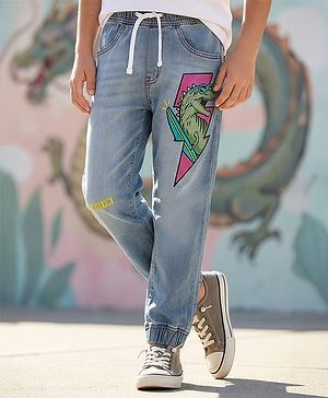 Pine Kids Denim Full Length Washed Jeans With Dino Print - Light Blue.