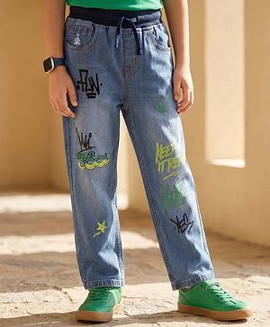 Pine Kids Woven Full Length Washed Denim Jeans With Text Print - Blue