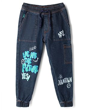 Pine Kids Denim Woven Full Length Washed Jeans With Text Print - Navy Blue