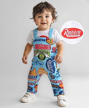 Babyhug Disney Single Jersey Knit Half Sleeves T-Shirt & Dungaree Style Romper Set with Cars Print - Light Blue