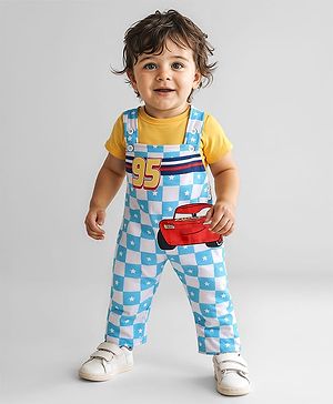 Babyhug Disney Single Jersey Knit Half Sleeves T-Shirt & Dungaree with Cars Graphics - Yellow