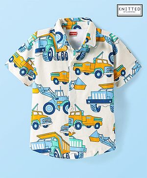 Babyhug Cotton Knit Half Sleeves Shirt With Vehicle Print - White