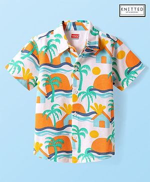 Babyhug Cotton Pique Textured Knit Half Sleeves Shirt With Beach Theme Print - White