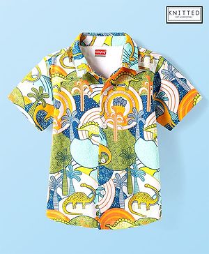 Babyhug Cotton Knit Half Sleeves Shirt With Dino Print - Green