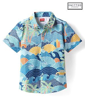 Babyhug Cotton Knit Half Sleeves Shirt With Beach Theme Print - Blue