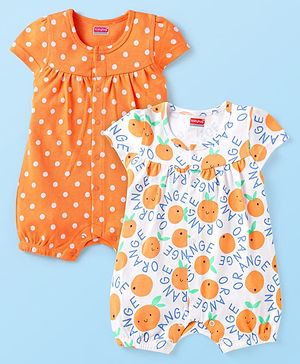 Babyhug Interlock Knit Half Sleeves Rompers With Fruit & Polka Dot Print Pack of 2 - Orange & White