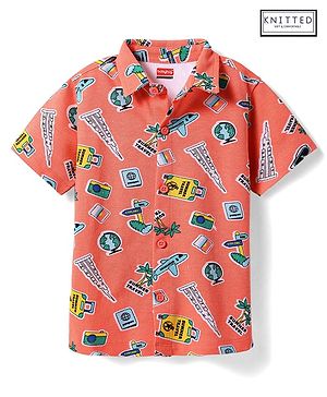 Babyhug Cotton Knit Half Sleeves Shirt With Summer Theme Print - Peach