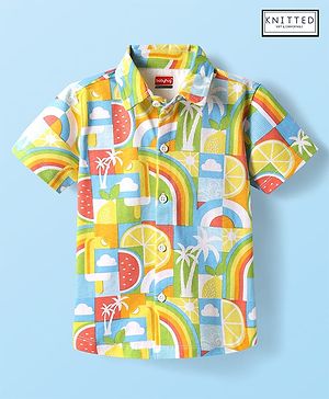 Babyhug Cotton Knit Half Sleeves Shirt With Beach Theme Print - Yellow