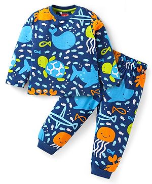 Babyhug Cotton Knit Full Sleeves Night Suit With Sea Animals Print - Navy Blue