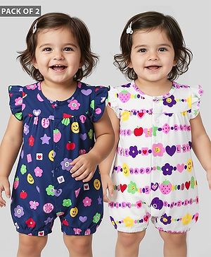 Babyhug 100% Cotton Interlock Knit Frill Sleeves Rompers With Tropical Theme Print Pack Of 2 - Navy Blue & White
