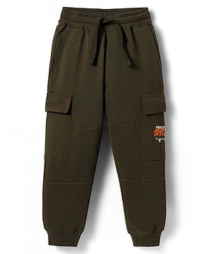 Pine Kids Cotton Knit Full Length Lounge Pant With Skating Print & Cargo Pockets - Olive Green