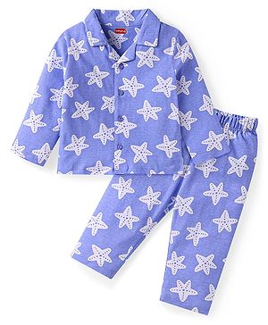 Babyhug Cotton Knit Full Sleeves Nightsuit with Star Print - White & Blue