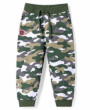 Babyhug Terry Knit Full Length Lounge Pant With Camouflage Print - Olive Green