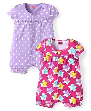 Babyhug 100% Cotton Half Sleeves Rompers with Polka Dots & Star Pack of 2 - Dark Pink & Purple