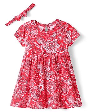 Babyhug Single Jersey Knit Half Sleeves Floral Printed Frock & Headband with Bow Applique - Red