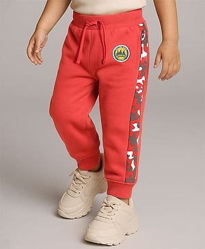 Babyhug Terry Knit Full Length Lounge Pants with Bagde & Tape - Red
