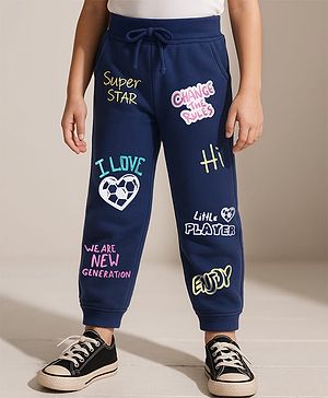 Babyhug Terry Knit Full Length Lounge Pant with I Love Text Print - Navy Blue