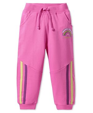Babyhug Terry Knit Full Length Cut & Sew Lounge Pant with Rainbow & Text Print -  Pink