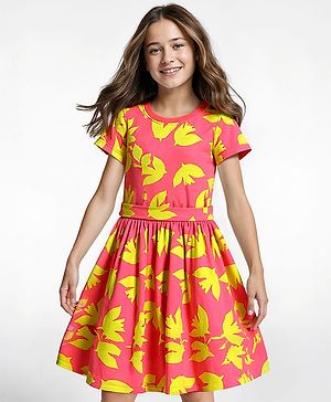 Pine Kids Cotton Knit Half Sleeves Frock with Birds Print - Dark Pink