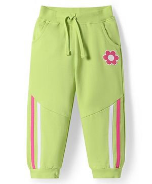 Babyhug Terry Knit Full Length Lounge Pant With Floral Patch - Light Green