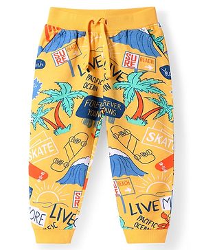 Babyhug Terry Knit Full Length Lounge Pant With Beach Theme Print - Yellow