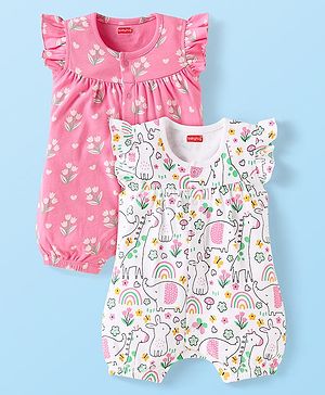 Babyhug 100% Cotton Knit Frill Sleeves Front Open Romper with Floral Print Pack of 2 - Pink & White